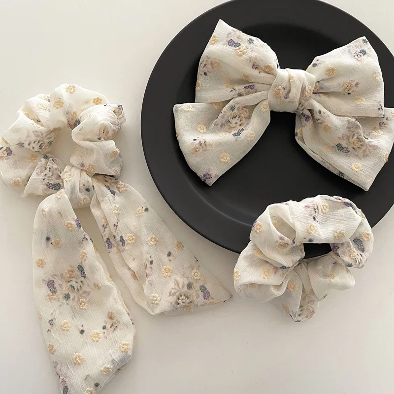 

2021 New Korean Sweet White Bow Print Flower Cloth Fairy Hair Ties Scrunchies For Women Fashion Elastic Hair Bands Wholesale