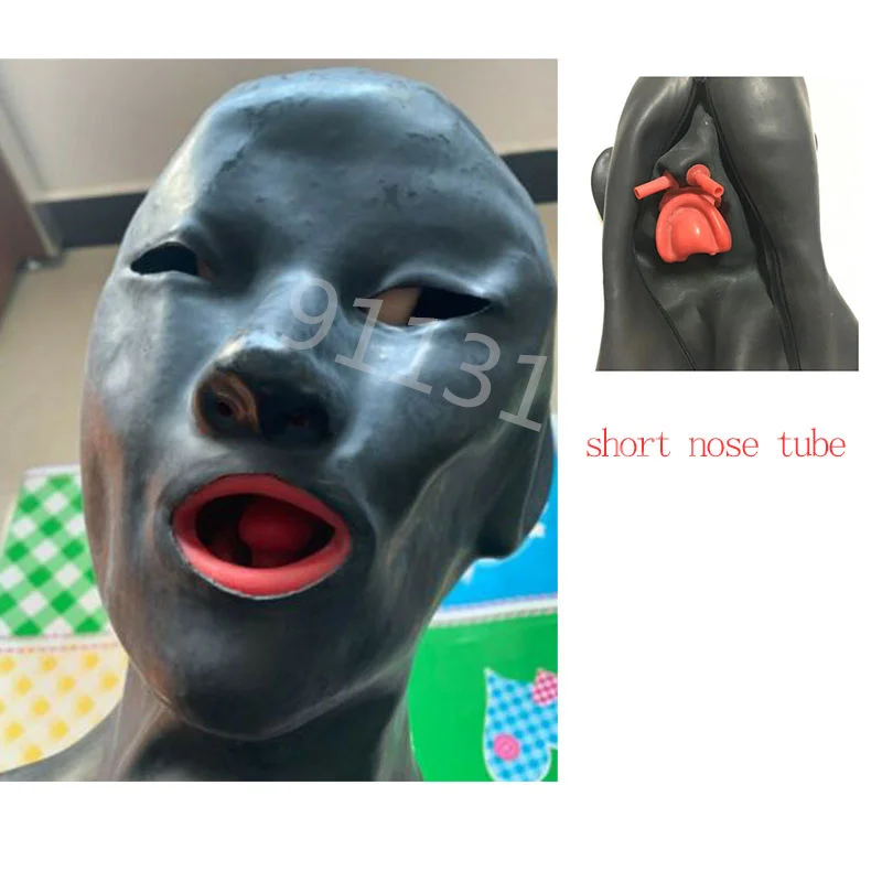 

Латексный 3D капюшон с длинной трубкой 15 см для носа и резиновой маской с красными зубьями для женщин (голова размером 54-57 см)
