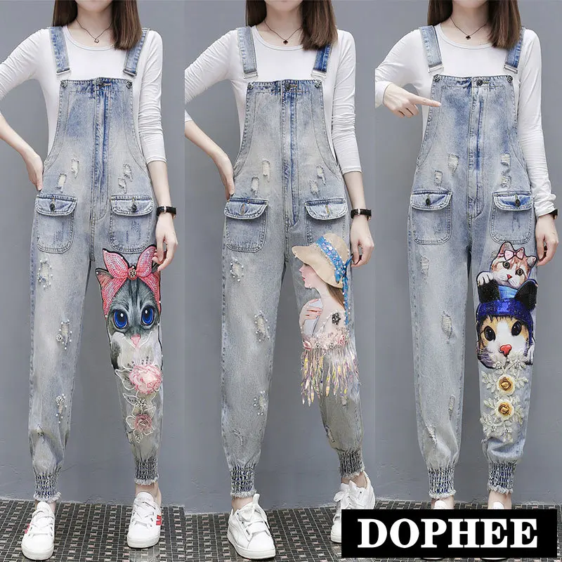 Women Cartoon Cat Print Denim Jumpsuits Rompers Overalls New Hole Ripped Loose Beaded Jeans Pants Female Casual Long Pants