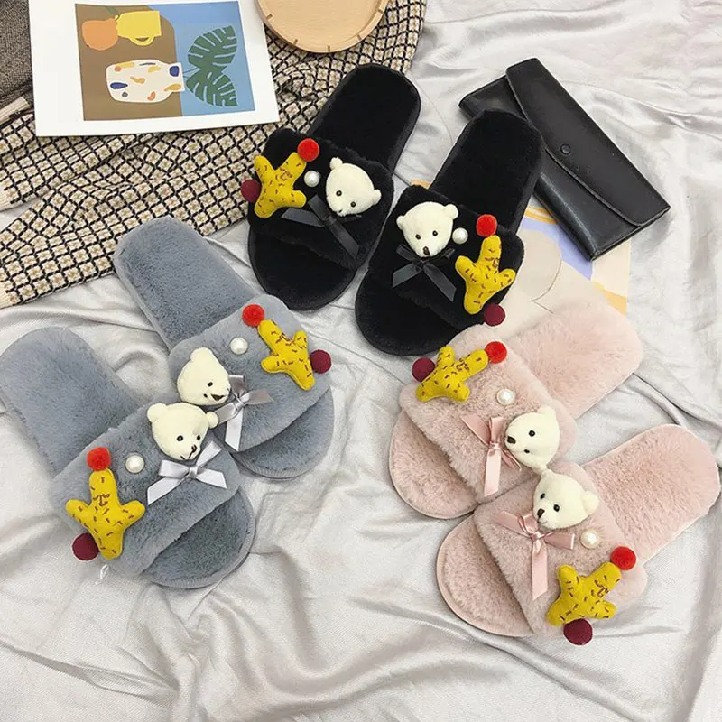 KHTAA/зимние женские Мягкие плюшевые тапочки с милым медведем из мультфильма; теплая удобная домашняя обувь с открытым носком для девочек; женская обувь размера плюс