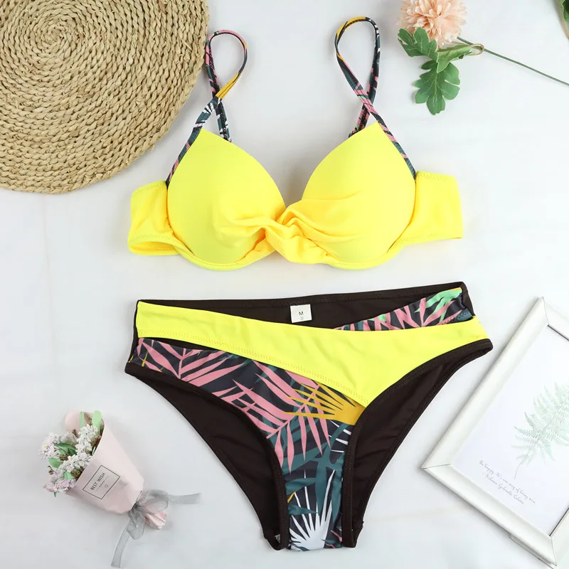 Комплект бикини пуш-ап в стиле пэчворк купальники с рюшами женское сексуальное