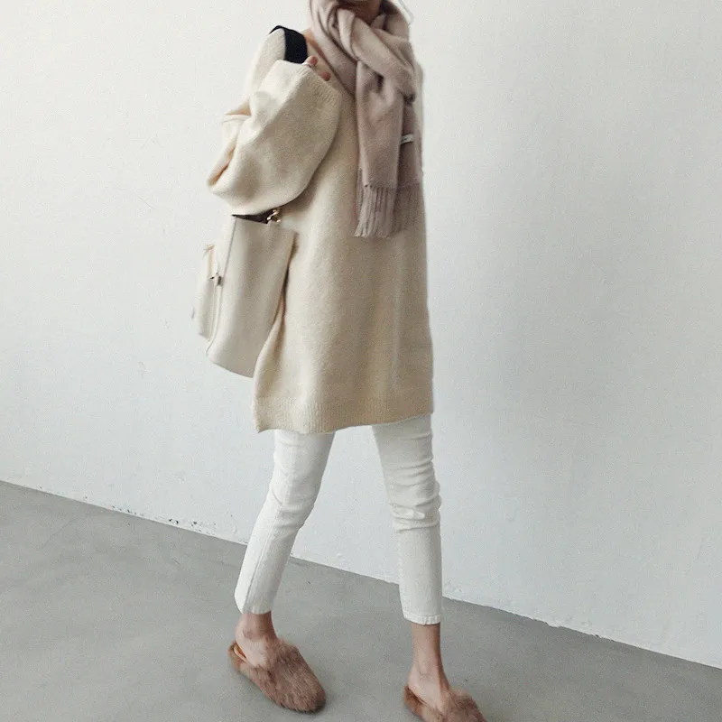 

Women Knitted Cashmere Pullover Autumn Winter Casusal Solid Color Long Jumper Tops Sueter Mujer V Neck Loose Sweater