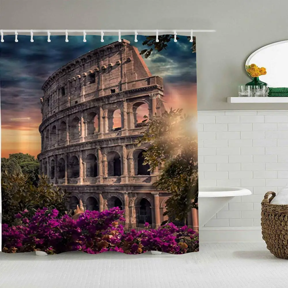 

Polyester Fabric Shower Curtain Italy Historic Landmark Ancient Rome Colosseum Famous Architecture with 12 Plastic Hooks
