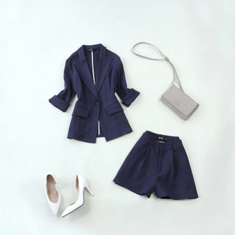 Костюм женский льняной тонкий пиджак с поясом и Шорты модный элегантный костюм