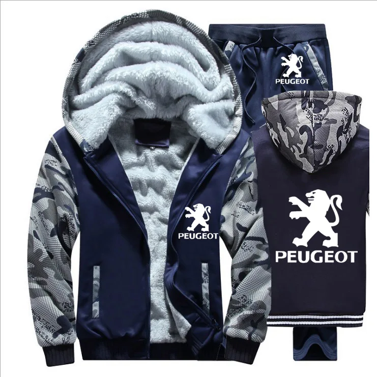 

Winter Hoodies Men Peugeot Car Logo Mens Hoodies Suit Thicken Warm Fleece cotton Zipper Tracksuit Mens Jacket Pants 2Pcs Sets