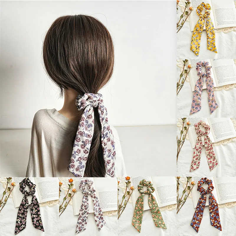 

Elastic Hair Bands Knotted Ponytail Ribbon Hair Tie Fashion Headwear Rose Flower Hair Scrunchies Floral Print Long Hair Rope