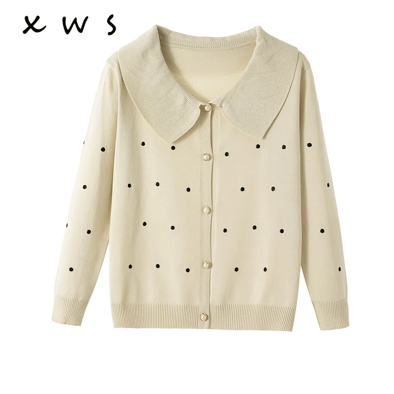 Кардиган женский вязаный с длинным рукавом в горошек |