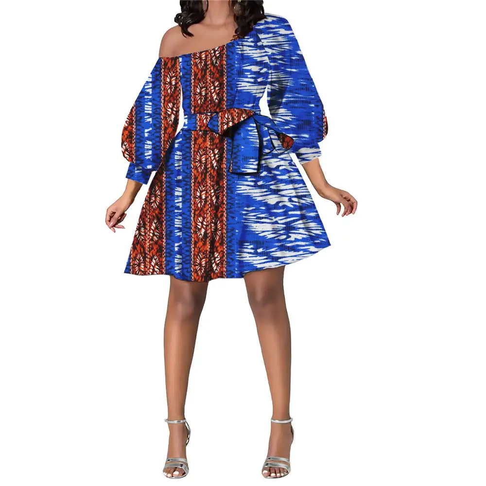 

Summer New Belted Long Sleeve plus size Casual Mini Women Dress Polynesian Tribe Print Off Shoulder Dress