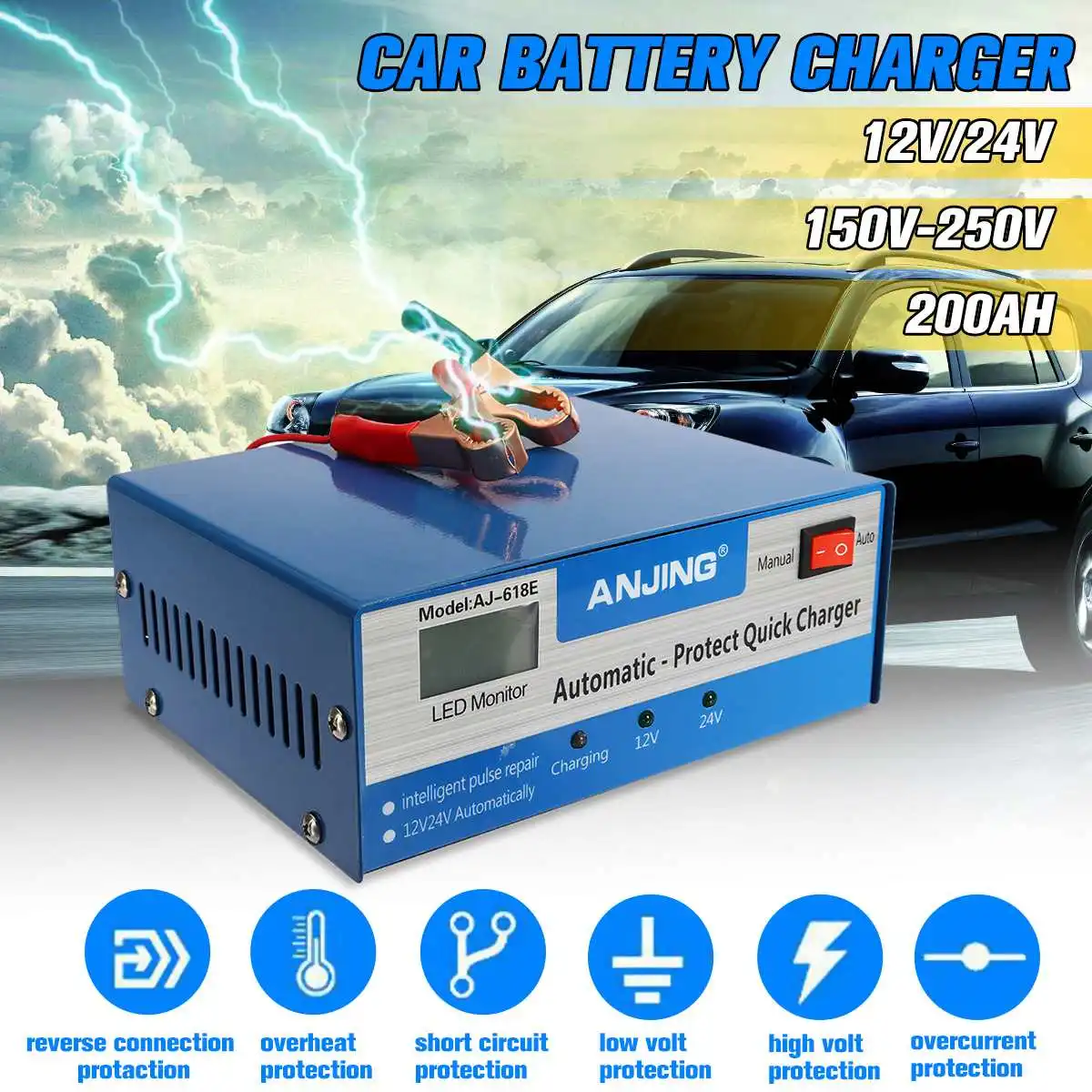 

Car Battery Charger Intelligent Pulse Repair Full Automatic protect quick Chargers 130V-250V 200AH 12/24V With Adapter
