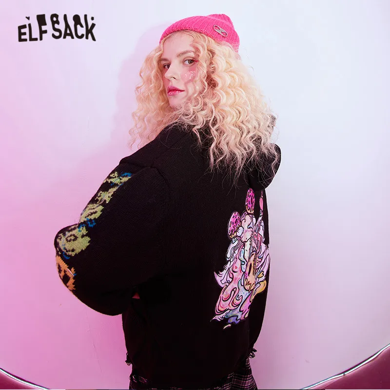 ELFSACK Harajuku Graphic Applique Women Knit Pullover Sweaters,2021 Winter Colorblock Vintage Full Sleeve,Casual Girly Daily Top