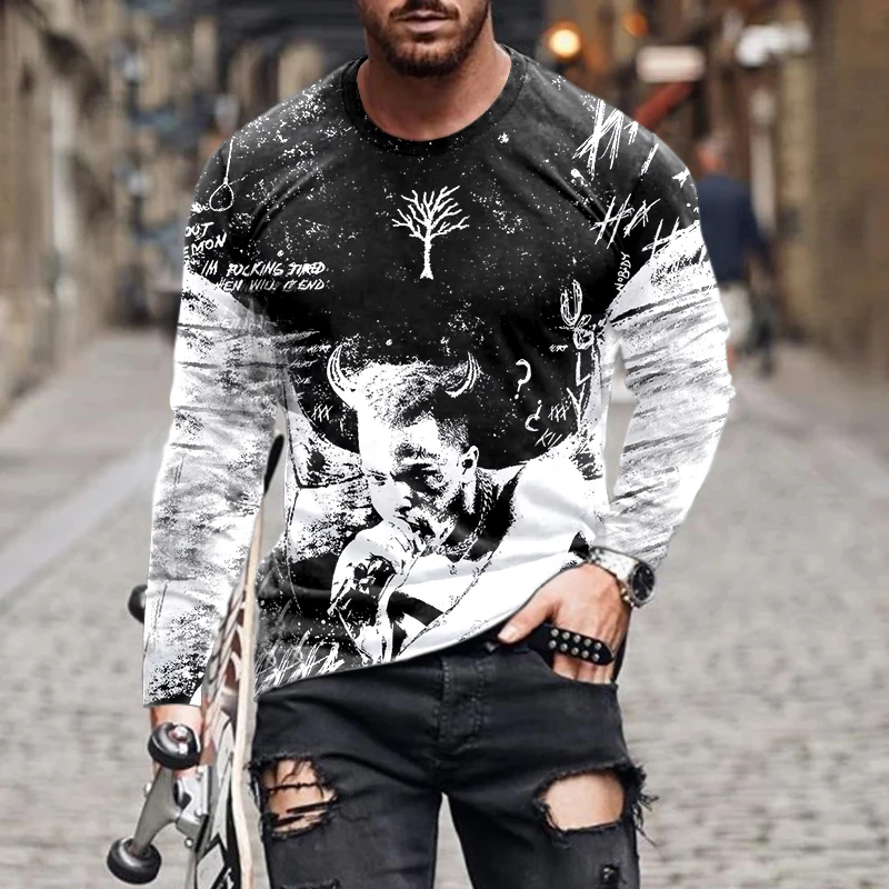 

European and American popular men's casual 3D digital printing long sleeve T-shirt fashion trend 3D printing T-shirt xs-6xl