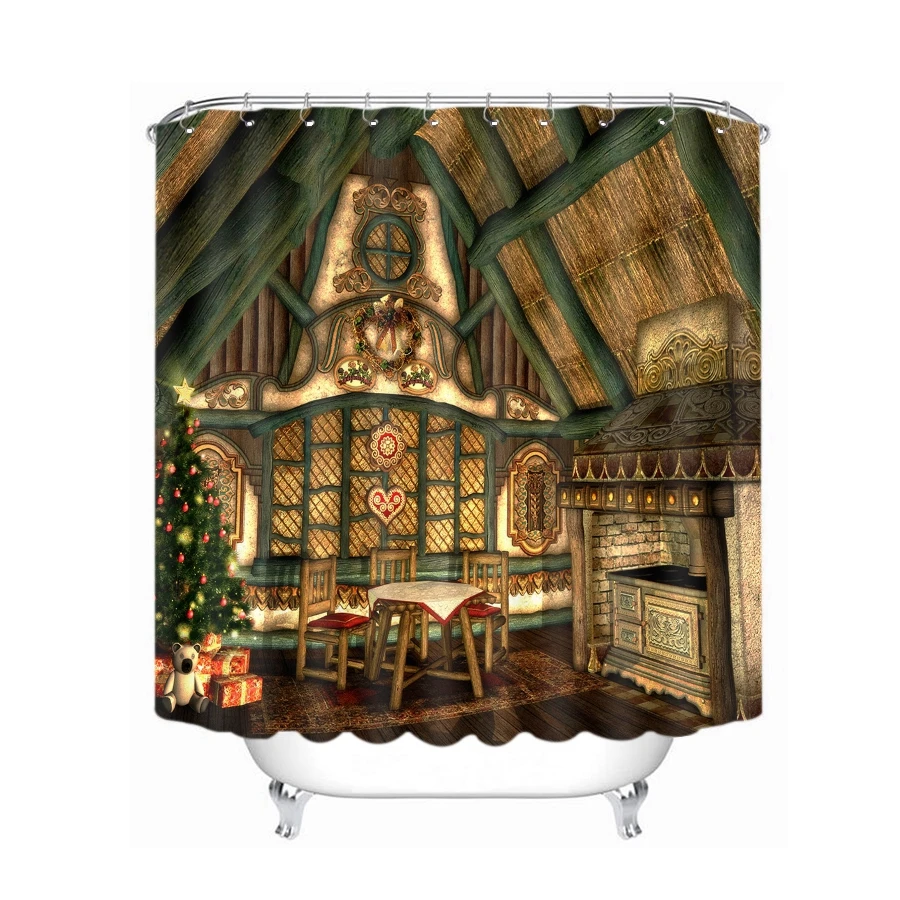 3d Christmas Shower Curtains Fireplace Cabin Pattern Waterproof Thickened Bath for Bathroom Customizable | Дом и сад