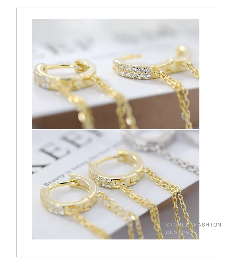 925 sterling silver earring Fashion zircon Long Tassel Chain Earring temperament exaggeration women girl ear jewelry | Украшения и