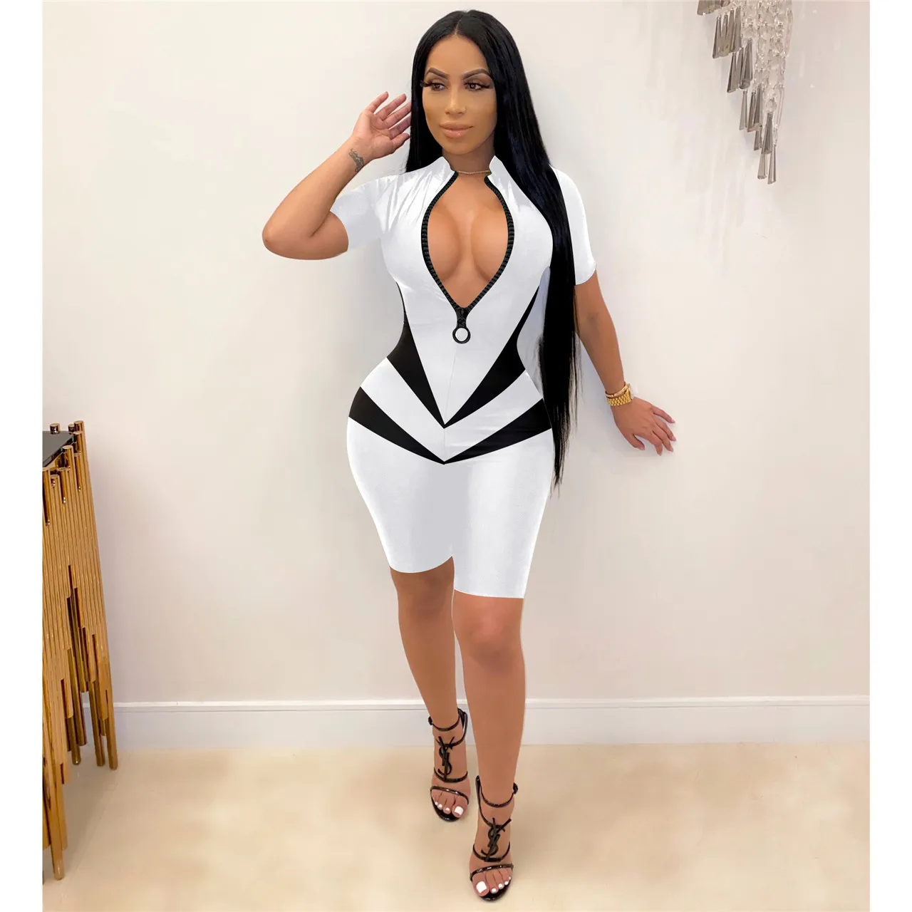 

ANJAMANOR Sexy Sporty Stretchy Jumpsuit Women Summer 2021 Cute Summer Outfits Active Wear Zipper Bodycon Romper D44-CZ19