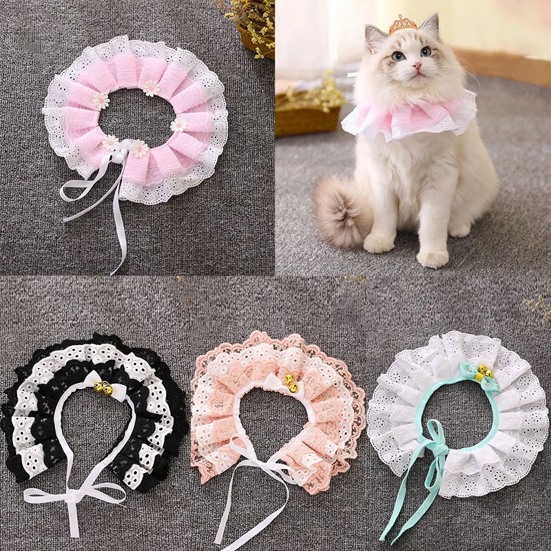 Ошейник для питомца кошки, шарф, ожерелье, регулируемый нагрудник для собаки с цветами, свадебные ошейники с колокольчиками, кружевные цветочные принадлежности для питомцев F2