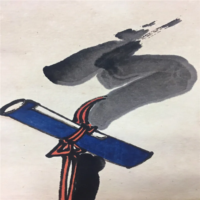 

Chinese Old Scroll Qi Baishi's Portrait Of Fuxing Painting Rice Paper Middle Hall Painting