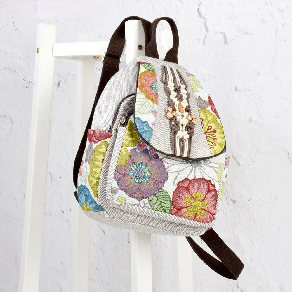 

Handmade Flowers Embroidered Women Canvas Backpacks Grey Retro Thailand Style Rucksacks Vegan Ladies Small Back Bag