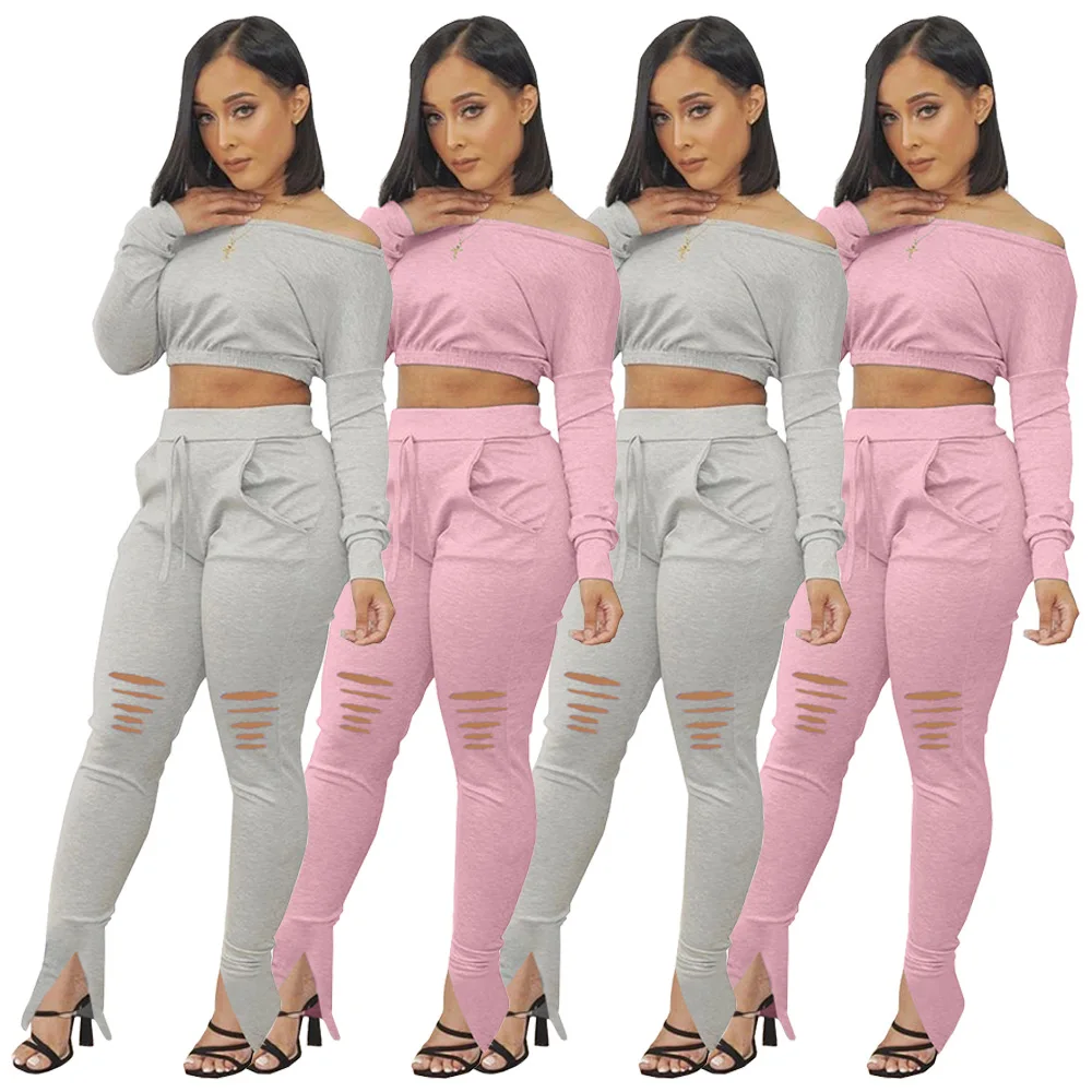

4K2034 Autumn Winter Women Casual Fashion Solid Navel Slanted Shoulder Top Ripped Trousers Sports Two Piece Set Hot