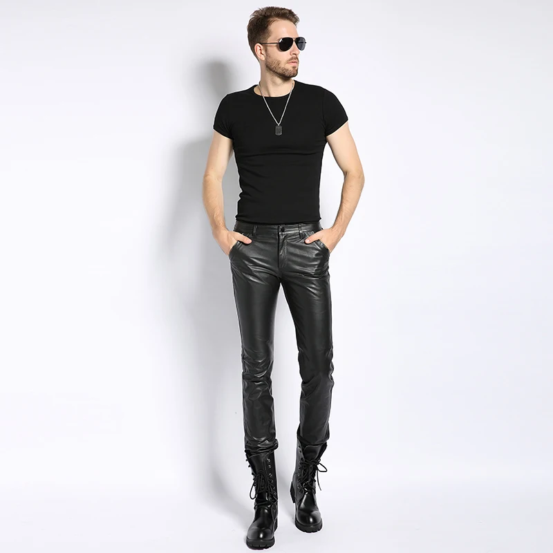 

Mens Cowhide Natural Luxury Leather Pants Slim Fit Motorcycle Long Trousers Autumn Winter Skinny Windproof Real Leather Pants
