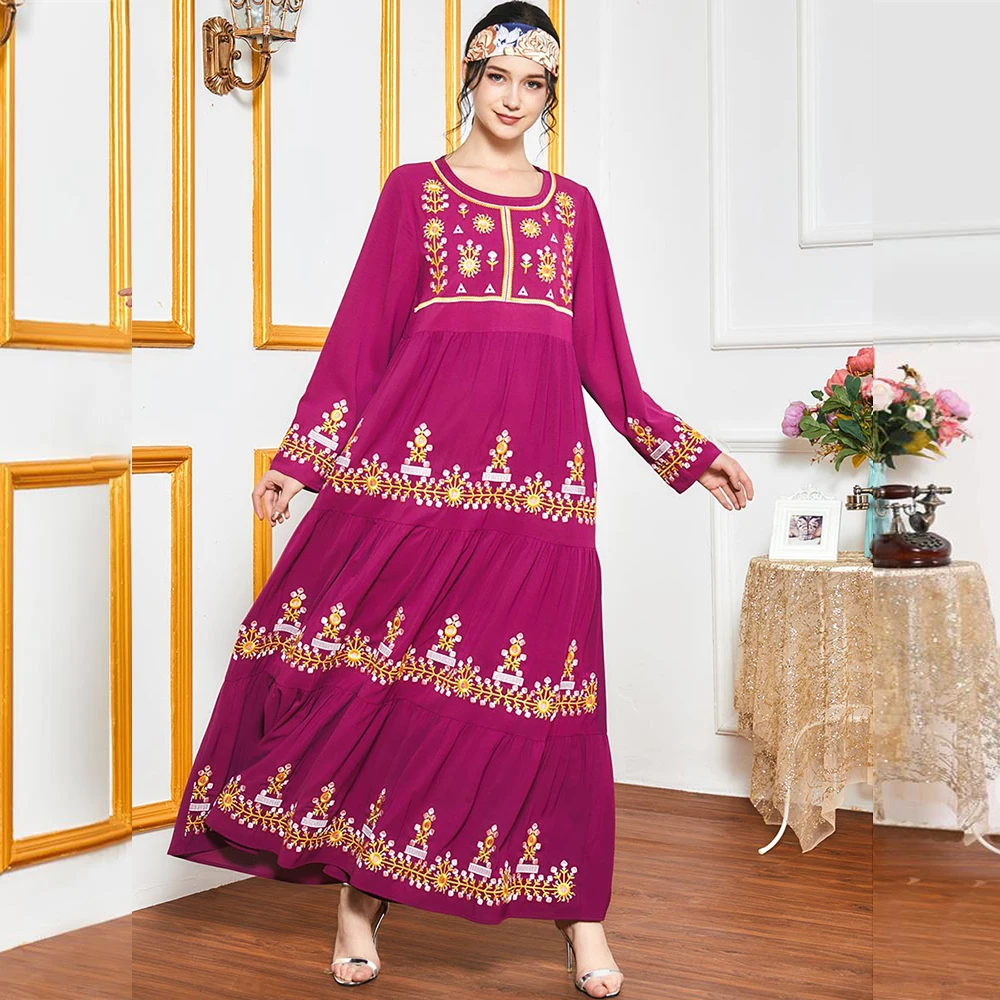 

Siskakia Maxi Dresses for Women Elegant Ethnic Embroidery Multi-layer Pleated Swing Long Sleeve Muslim Arabic Dress Autumn 2020
