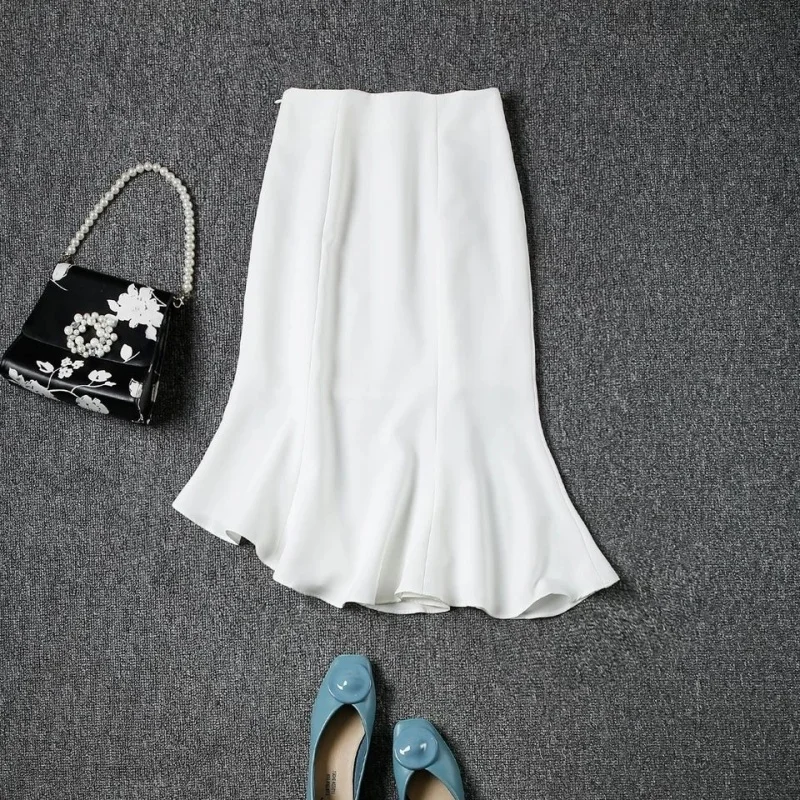 

High-waisted irregular white fishtail skirt women's air bag hip skirt Nice spring skirts womens Fad Ruffles Knee-Length