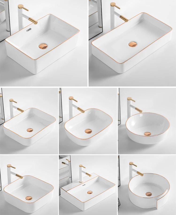 

Художественная Золотая раковина над стойкой, бытовая керамическая раковина, раковина для ванной комнаты, белая раковина для отеля, набор ра...