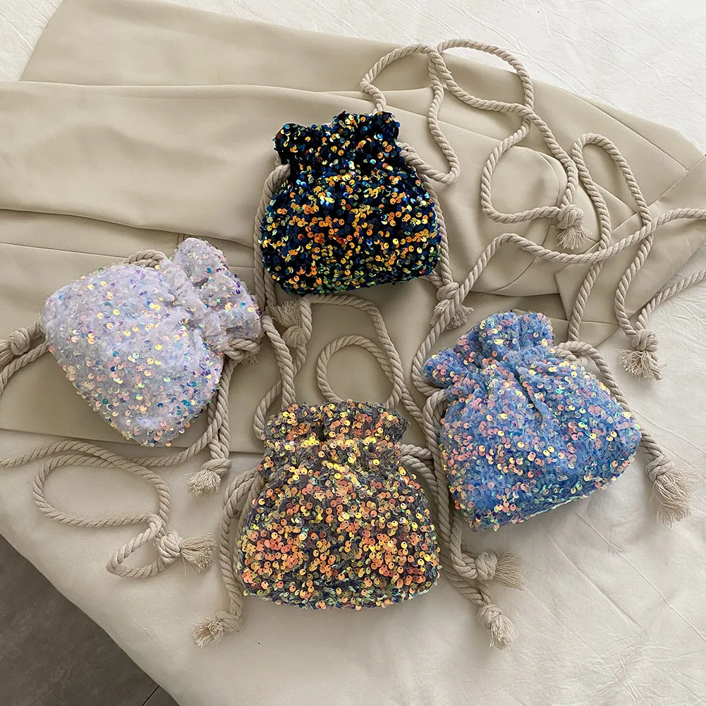 

Drawstring Bucket Women Shoulder Bag Sequins Elegant Small Crossbody Phone Bag Fashion Exquisite Shopping Bag