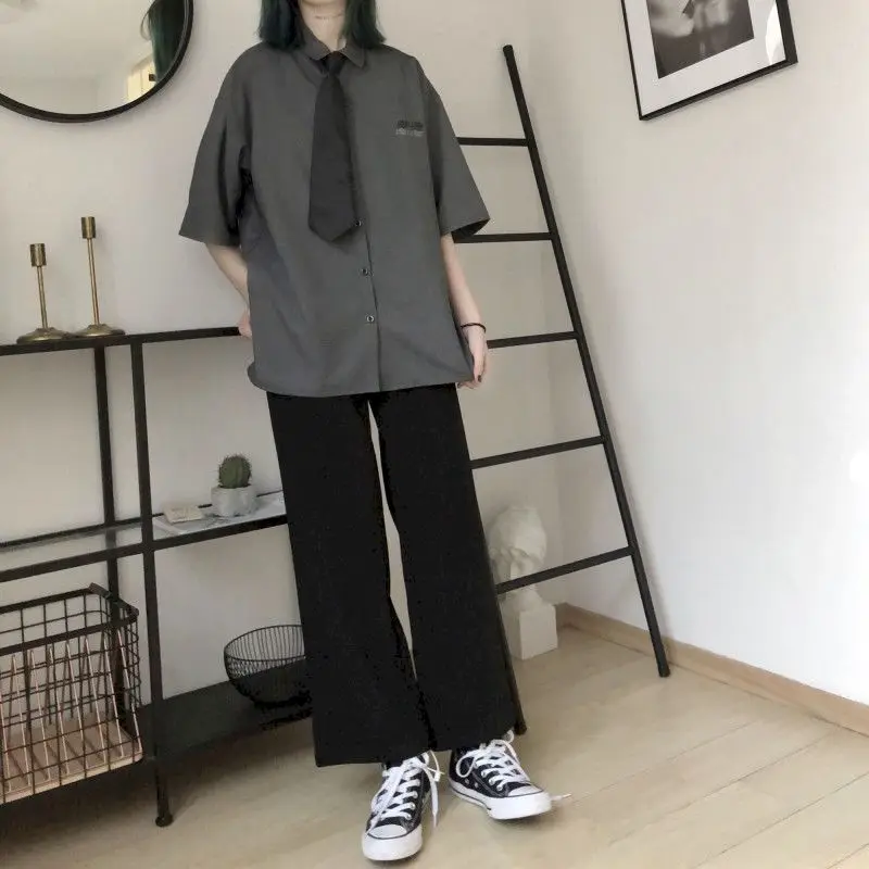 

2021 Summer New Womens Sets Korean Harajuku College Loose Shirt Drape with Legs All-match Trousers Two Piece Suit Women Clothes