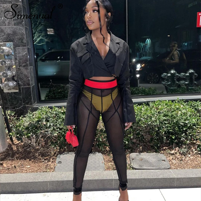 Simenual сетчатые прозрачные обтягивающие штаны женские сексуальные лоскутные