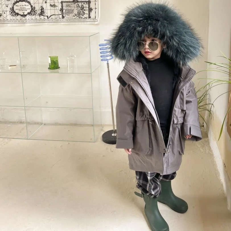 

Winter Kids Real Rex Rabbit Fur Parker Coat Warm Thicker Hooded Teenage Outwear Unisex Windbreaker Jacket For Girls Boys A677
