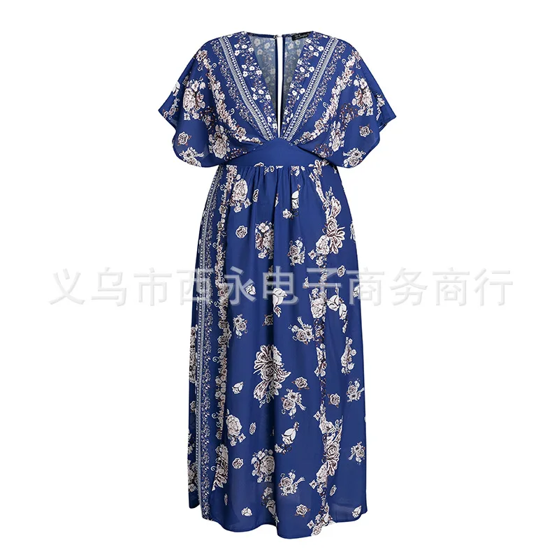 

Hot Sale Spring and Summer Fashion Printed Dress Holiday European and American Sexy Slit Skirt plus Size