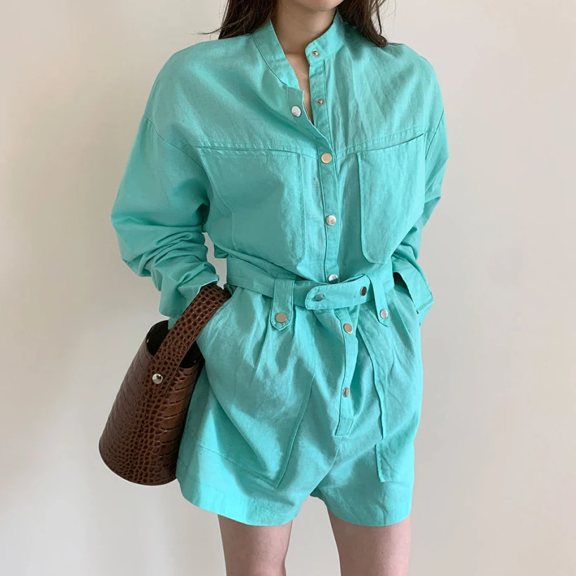 

2021 Spring Long Sleeve Playsuit Women Buttons Waist Tie Loose Summer Autumn Jumpsuit Collar Pocket Denim Solid Romper Overall