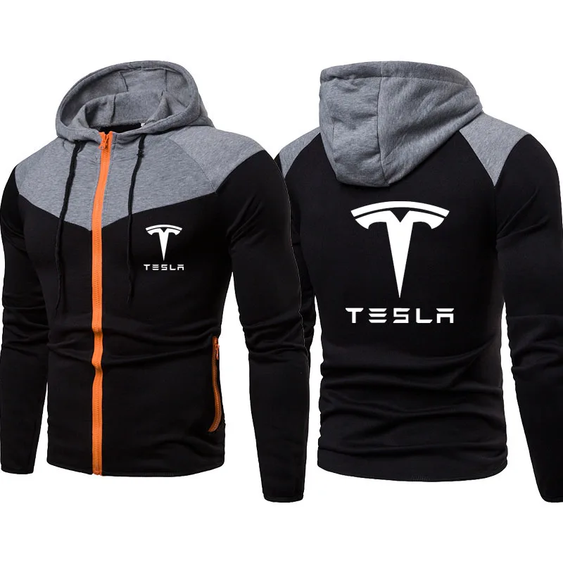 

Fashion casual Men Hooded Jacket Tesla car logo print Stitching color Men's Zip Jacket Fleece cotton clothing
