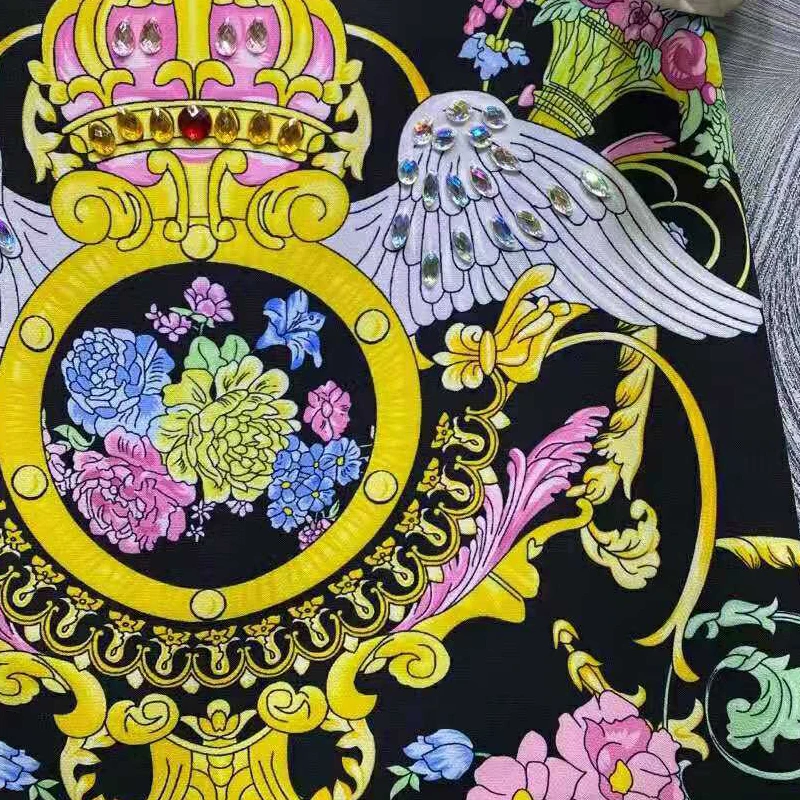 

SEQINYY Vintage Set Summer Spring New Fashion Design Women Runway Flare Sleeve White Top + Black Skirt Golden Pink Flowers Print