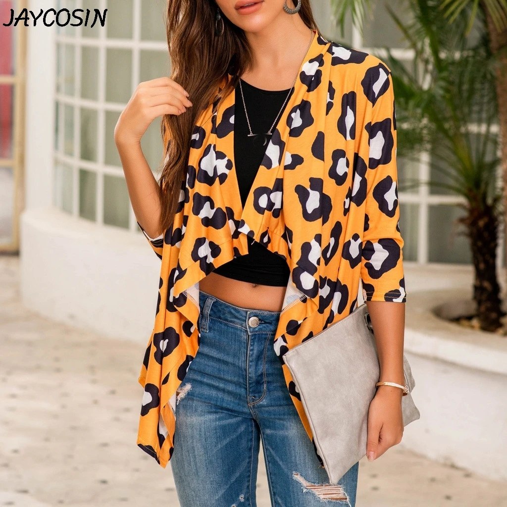 JAYCOSIN 2020 New Arrival Fashion Women Coat Leopard Print 3/4 Sleeve Irregular Cardigan Open Front Sun Protection Jacket |