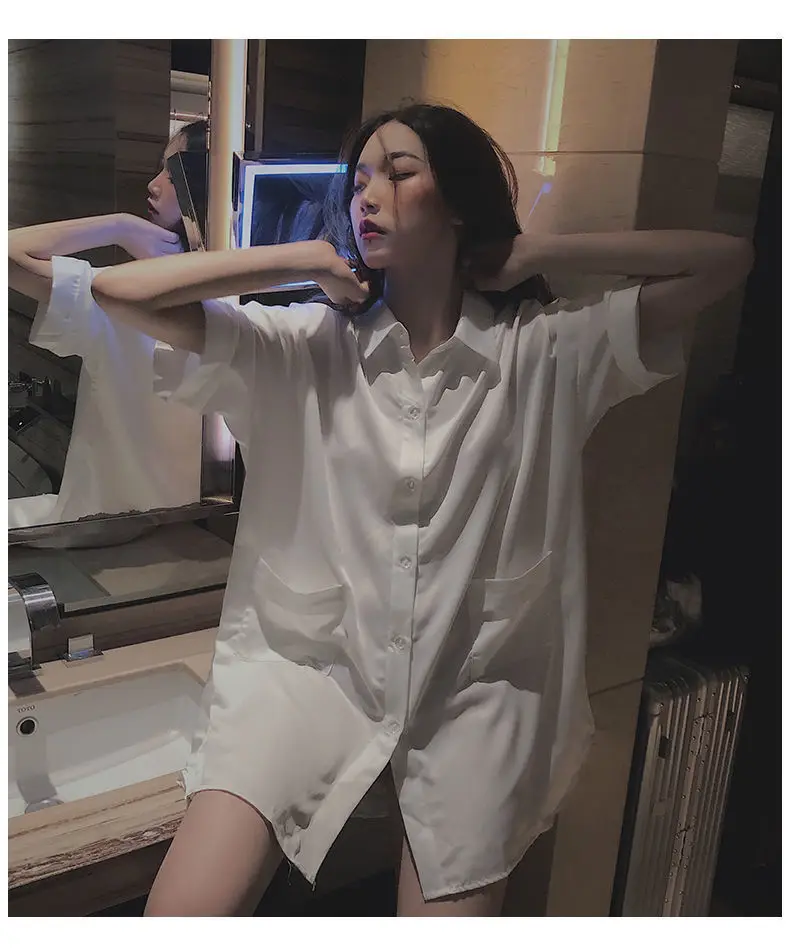 

Summer White Plus Size Pajamas Shirt Satin Turn-down Collear Letter Printed Schlafanzug Korean Japanese Button Up Pajama