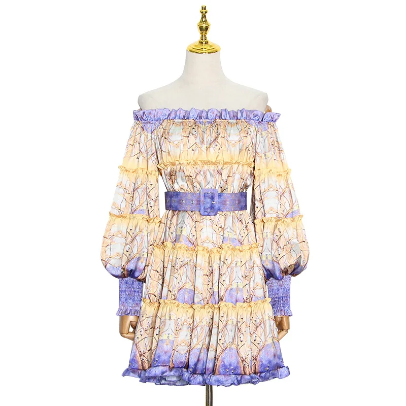 

Small new fashion temperament sexy collar lantern sleeve contrast stitching short dress