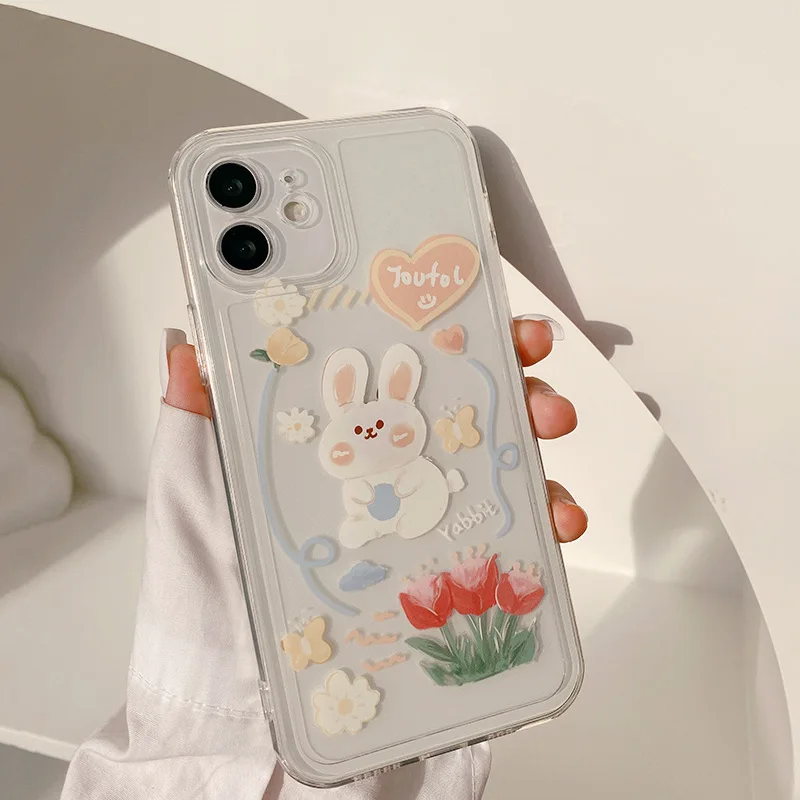 retro kawaii rabbit sweet flowers japanese phone case for iphone 13 11 12 pro xs max xr x 7 8 plus 7plus case cute clear cover free global shipping