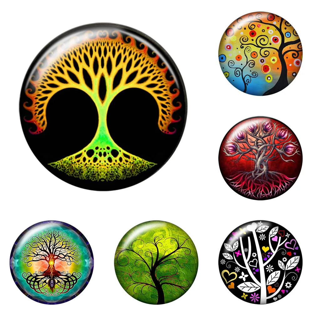 

12 шт./лот Красочный Дерево жизни 12 мм/18 мм/20 мм/25 мм Круглый Фото стеклянный кабошон демонстрационная фурнитура с плоской задней поверхность...