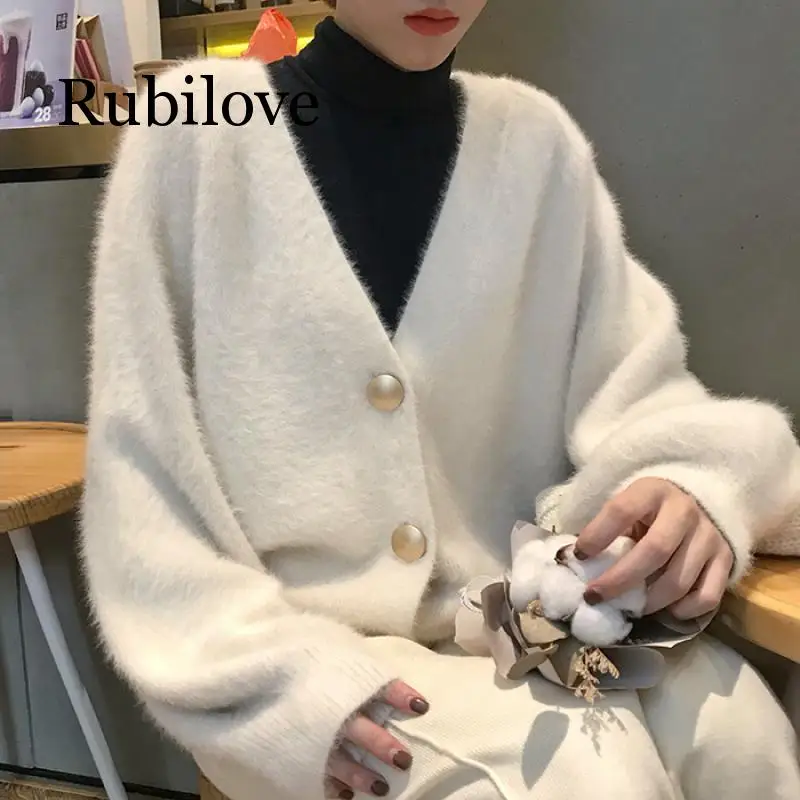 

Женский вязаный кардиган на пуговицах Rubilove, Корейская версия осенне-зимнего сезона 2019, повседневный свободный свитер с V-образным вырезом и ...