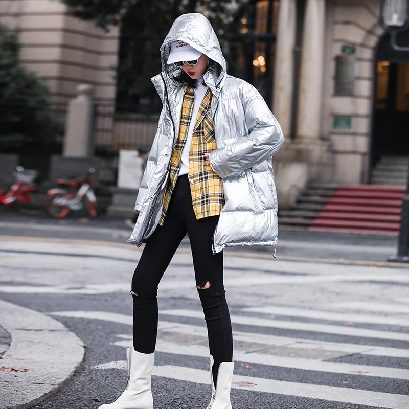 

ZURICHOUSE 2021 Winter Jacket Women Warm Hooded Parka Fashion Glossy Silver Letter-print Down Padded Bubble Jacket