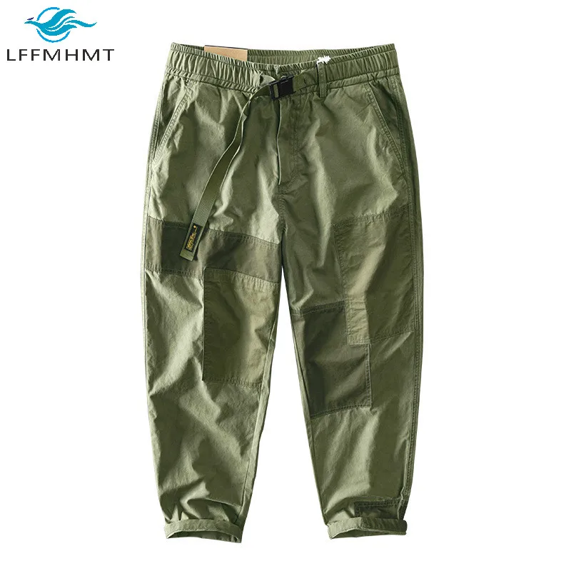

Male Winter Fall Cotton Patchwork Multi Pockets Casual Cargo Pants Japan Style Loose Casual Elastic Waist Green Streetwear Men