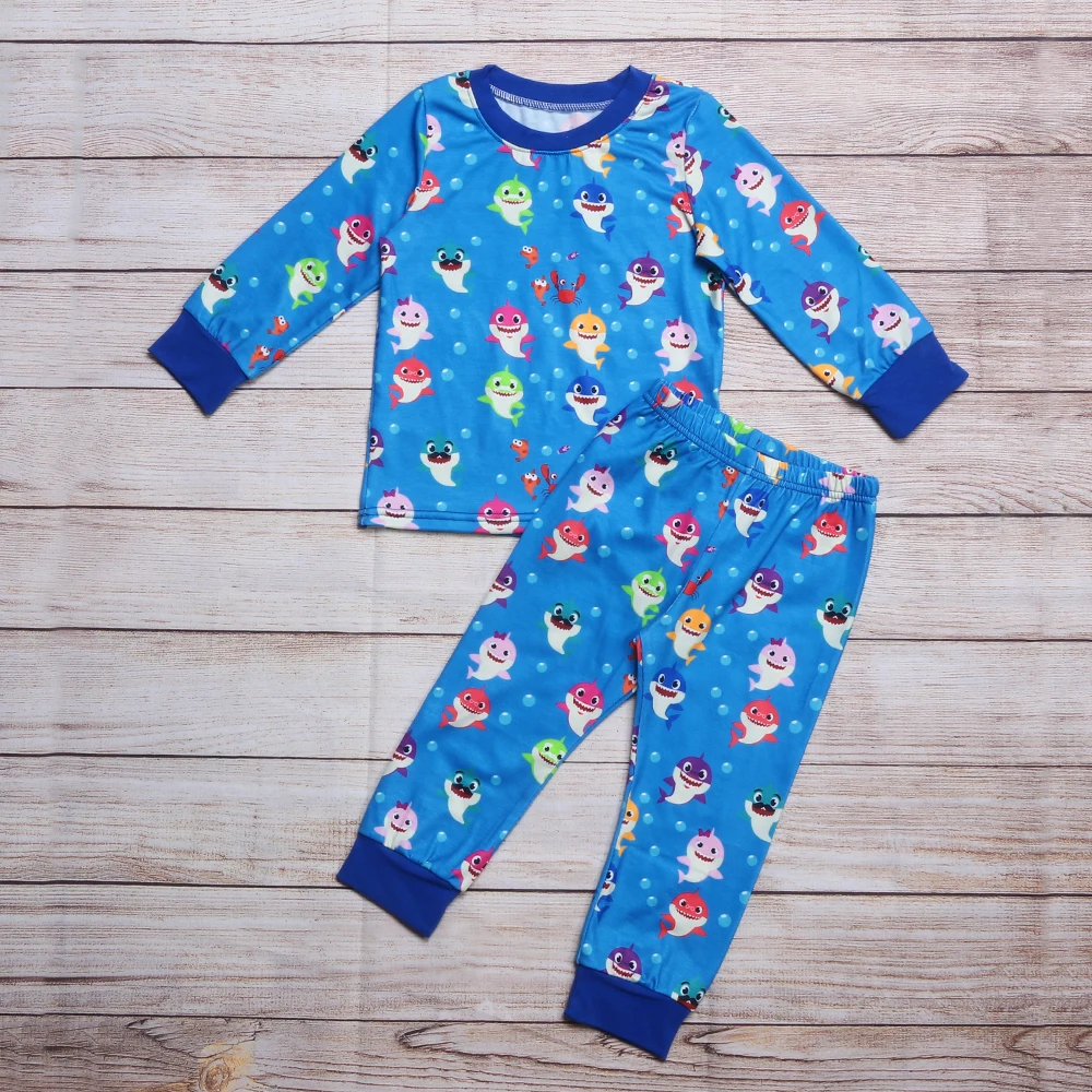

Autumn Clothes Blue Long Sleeve Top And Blue Trousers Colorful Shark And Crab Print Pattern Boys Clothes