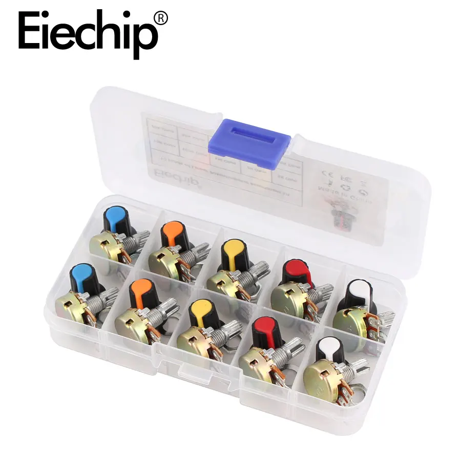WH148 Potentiometer Kit 1K 2K 5K 10K 20K 50K 100K 250K 500K 1M 15mm Linear Taper Rotary Potentiometer Resistor Set 3pin With Cap