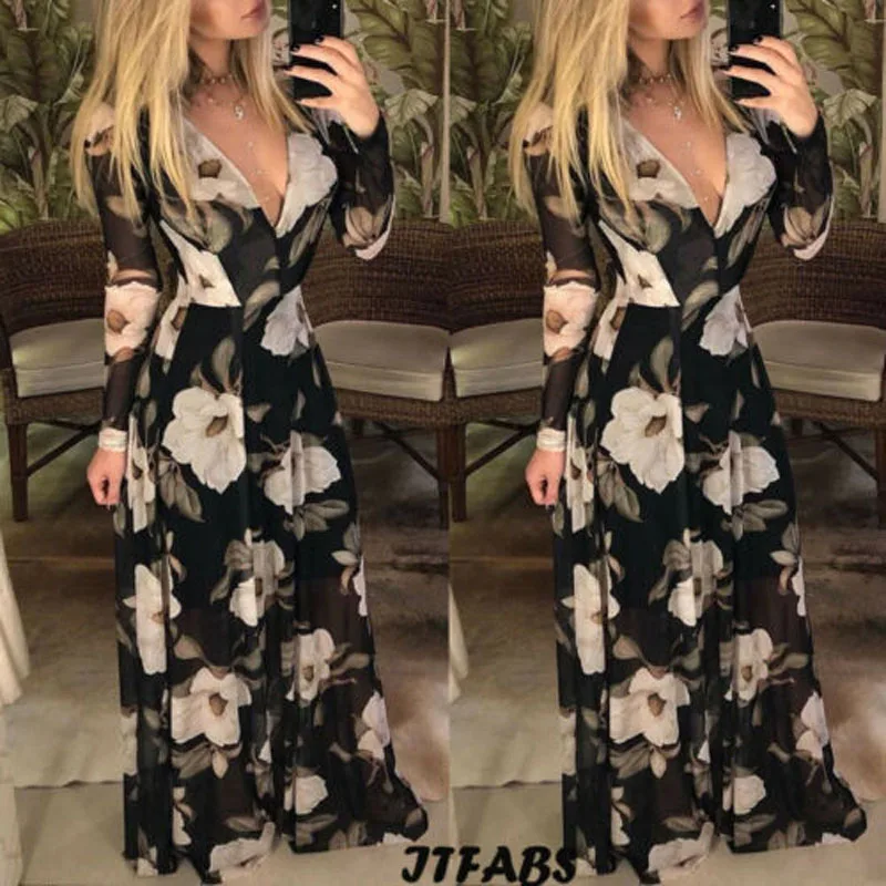 Женское шифоновое платье в стиле бохо длинное летнее макси с цветочным рисунком