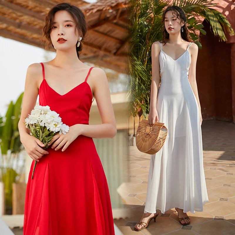 

White Red Maxi Backless Women Straps Dress Summer Elegant Party Vacation Beach Dress Long Tropical Korean Runway Sundress 2022
