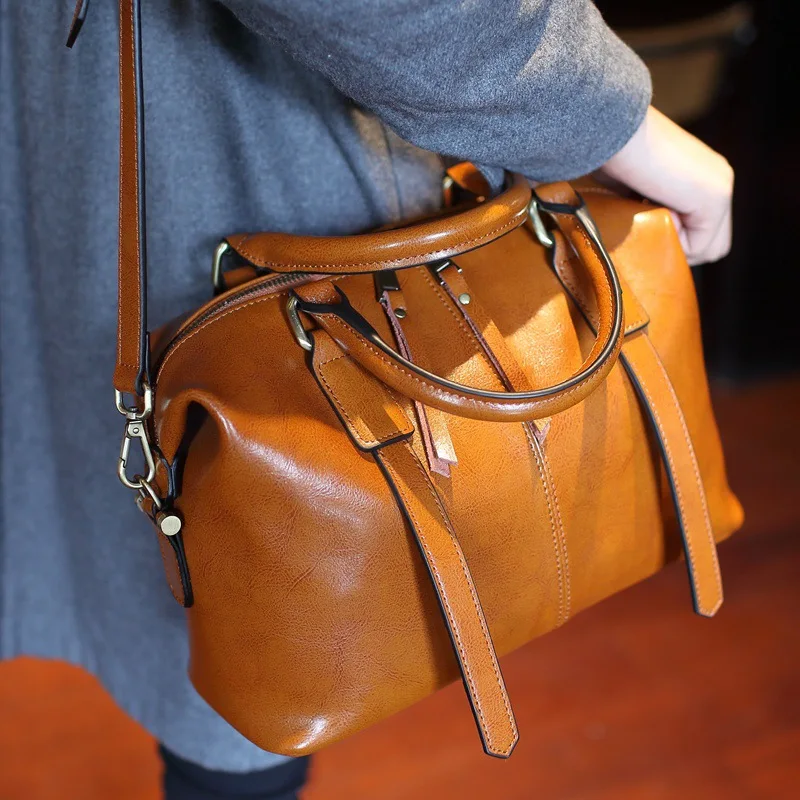 

Quality Women Large Bag Ladies Oil Wax Split Leather Shoulder Bags Women Handbags Fashion Boston Big Tote Female Messenger Bag