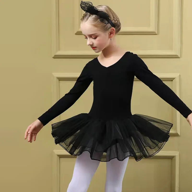 

Child Professional Performance Ballet Swan Lake Black Mesh Tulle Skirt Tutu Children Long Sleeve Leotard Two Piece Suit