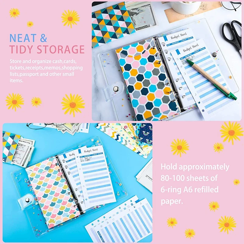 

24 Pieces Budget Envelopes A6 Binder Pockets for Cash Envelope System,Budget Planner,Cash Envelope Wallet with Stickers