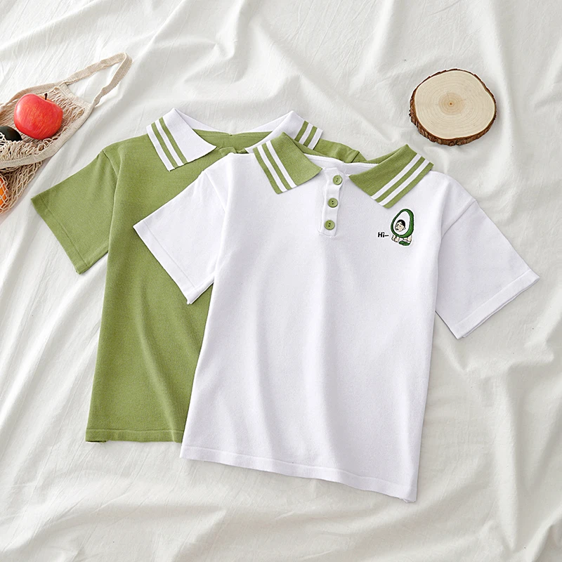 HELIAR Green Polo Shirt Knit Peter pan Collar Knitted T-shirts Short Sleeve Casual Solid High Street For Women | Женская одежда